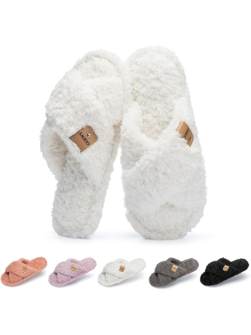 Women's White Cozy Cross Band Indoor and Outdoor Fuzzy Open Toe Slipper Shoes